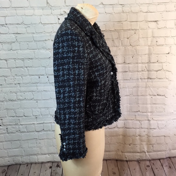 Carole Little Blue Tweed Checkered Blazer Petite Medium - Picture 3 of 6